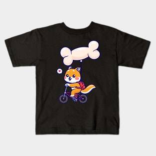 Cute Shiba Inu Dog Riding Bicycle With Bone Balloon Cartoon Kids T-Shirt